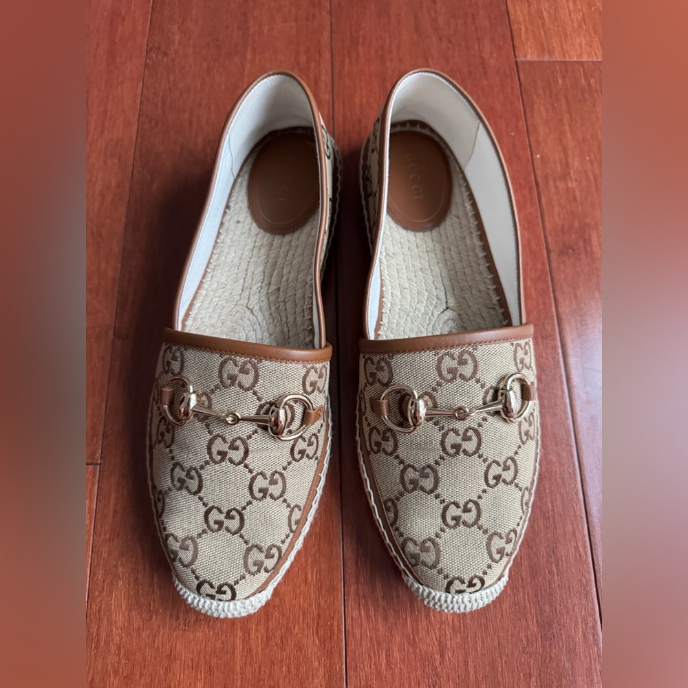Gucci Pilar Horsebit GG Logo Print Espadrilles Flats Camel Ebony EU39.5 US 9.5 - Picture 2 of 13